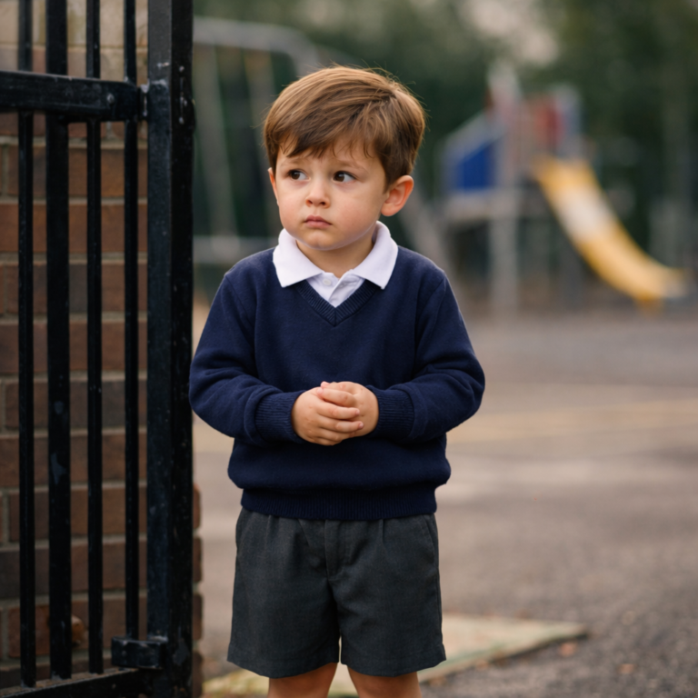A young child in a blue sweater stands outdoors with hands clasped, looking concerned—turning stress into positive change through attention and action.