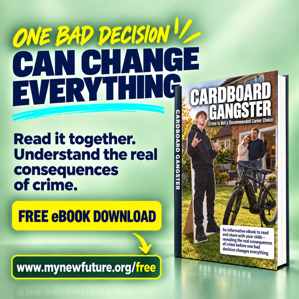 Cardboard Gangster eBook cover warns that one bad decision can change everything and urges families to understand crime consequences.