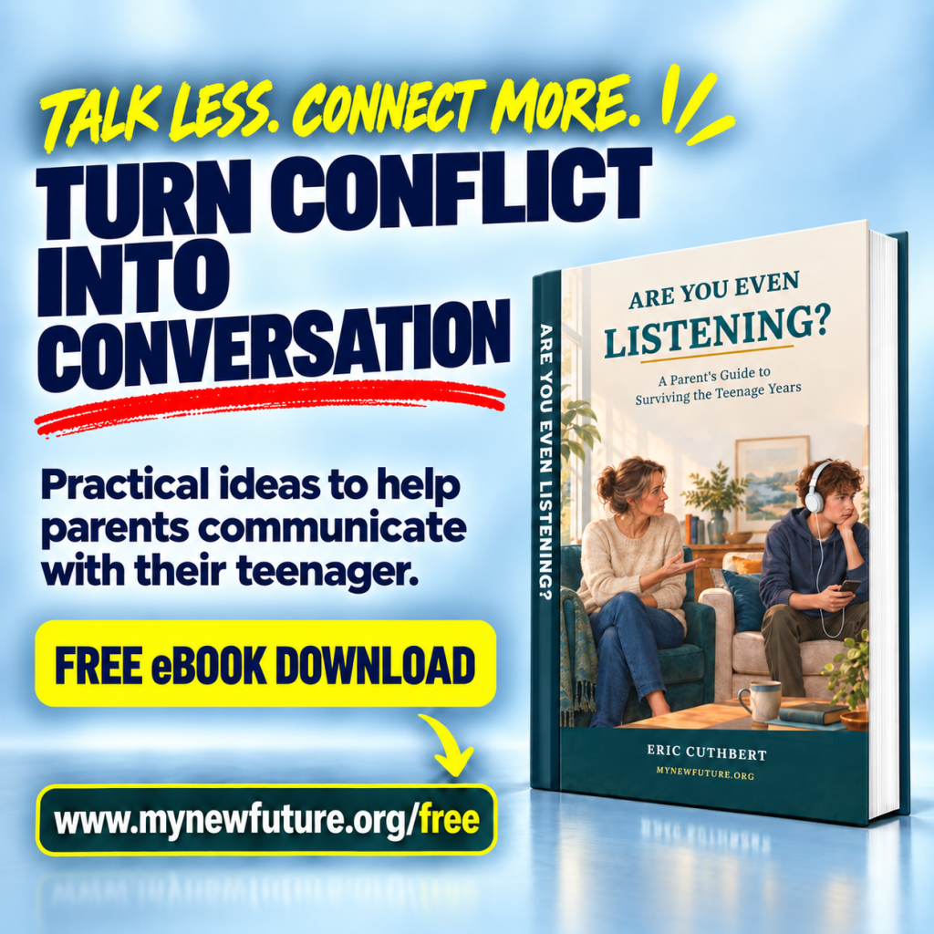 Promotional graphic shows a parent and teenager discussing communication beside the ebook “Are You Even Listening?”
