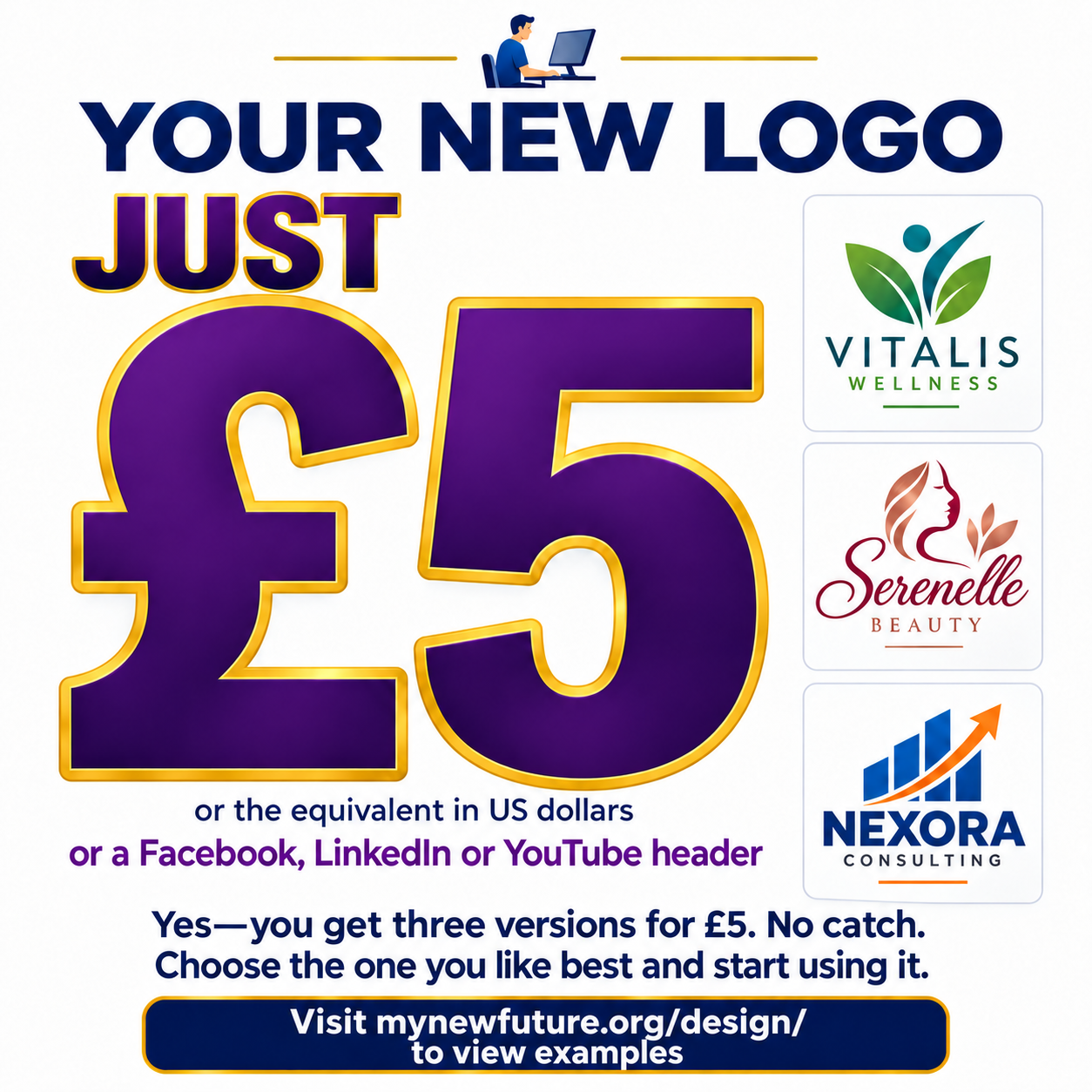 A £5 Logo Design promotion promises three logo versions and shows examples for Vitalis Wellness, Serenelle Beauty, and Nexora Consulting.