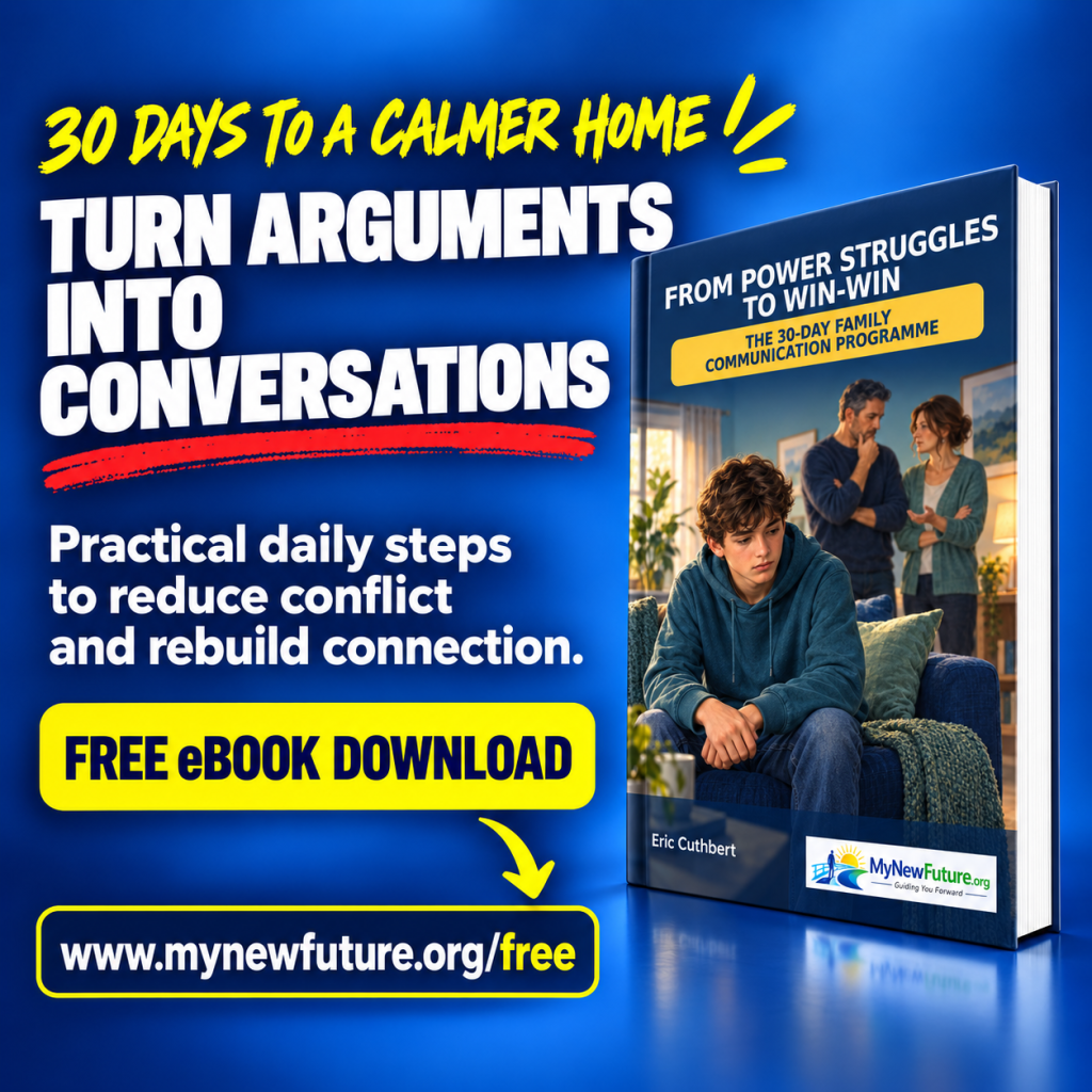 Promotional cover for Eric Cuthbert’s 30-day family communication programme, turning arguments into calmer conversations.