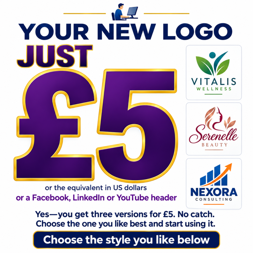 Promotional graphic offers three logo versions for £5, with sample designs for Vitalis Wellness, Serenelle Beauty and Nexora Consulting.