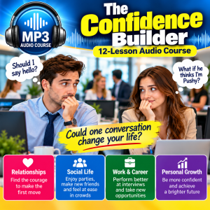 Two nervous coworkers hesitate to start a conversation beneath the title “The Confidence Builder,” a 12-lesson audio course.